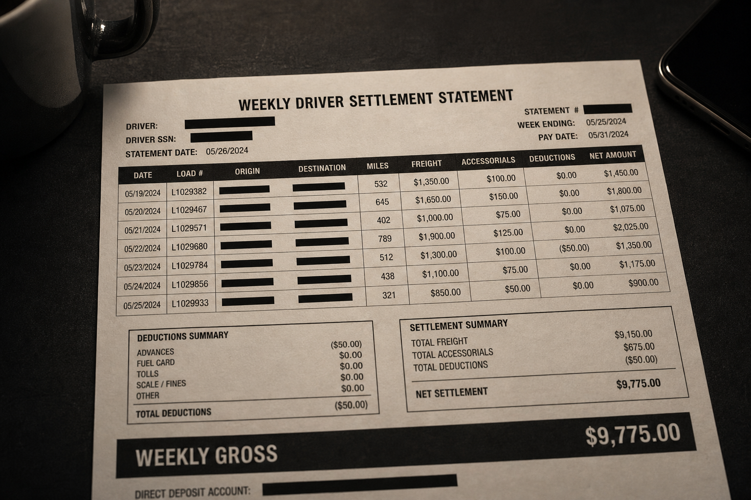 Weekly driver settlement statement with name, SSN, and account redacted.